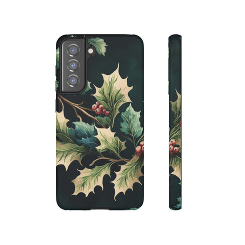 Dark Green Festive Holly in Watercolor - Impact Resistant Phone Case Samsung Galaxy S21 FE Matte